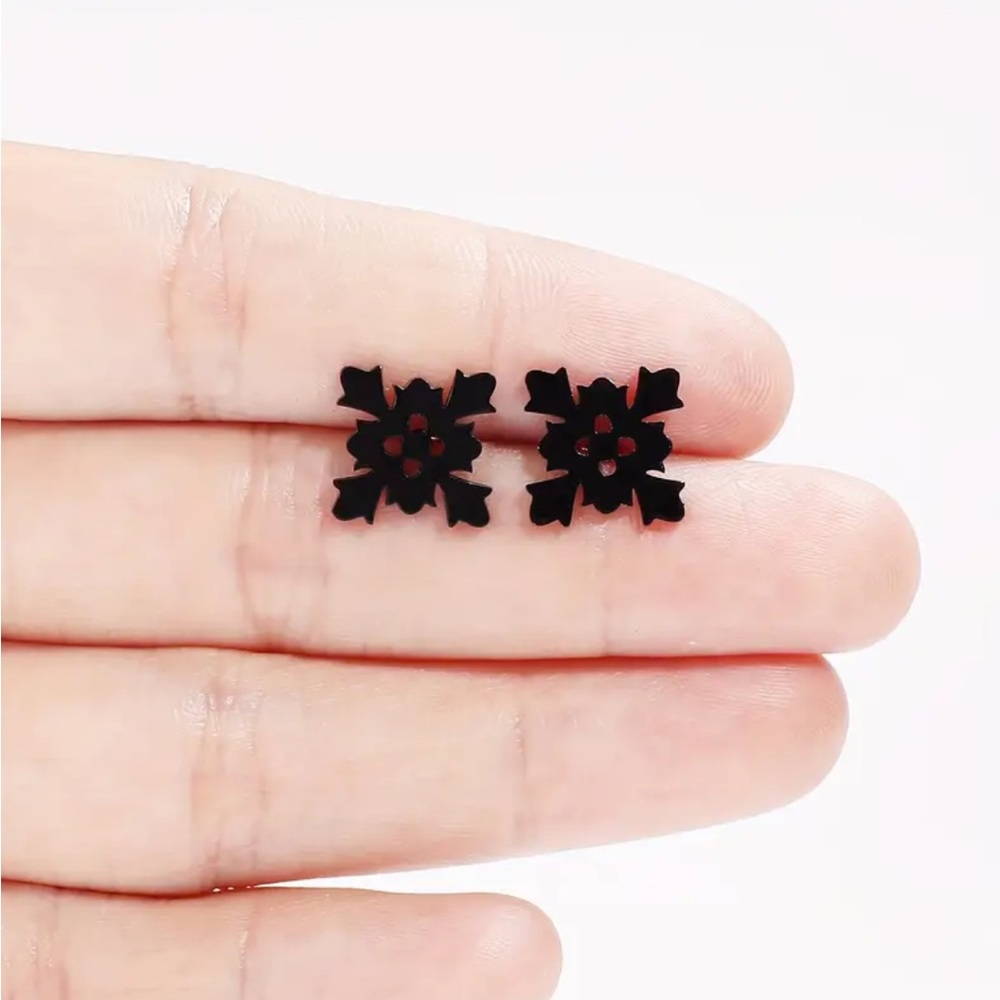 Black Stainless Steel Floral Earrings